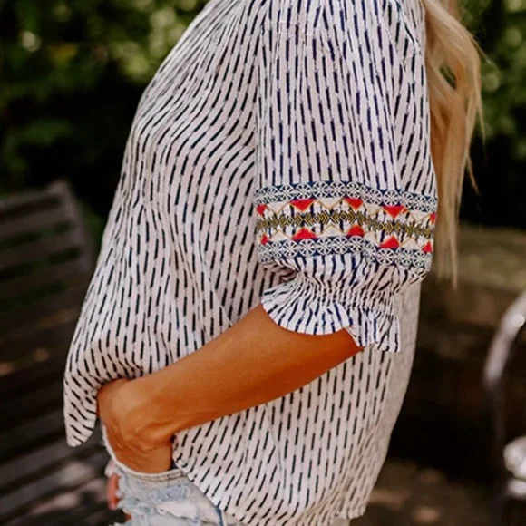 THML Boho Navy & White with embroidery on sleeve Women’s Blouse - Picture 7 of 7
